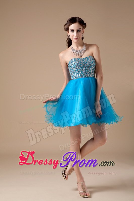 Mini-length Teal A-line Strapless Organza Prom Gown with Beads